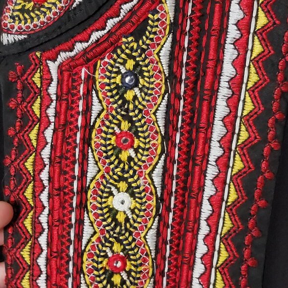 Moda Cache Womens Black Mexican Embroidered Artisan Peasant Open Front Top Large - Picture 8 of 11
